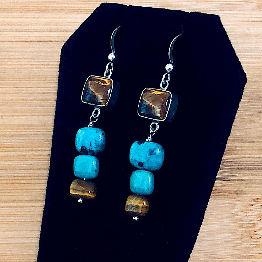 $48 Jay King Tiger Eye & Turquoise Estate Earrings Marked DRT 925 CHINA